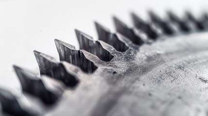 A detailed close-up of a power saw blade, capturing the intricate teeth patterns and sharp edges against a pristine white surface. 8K