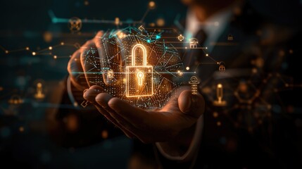 A close-up of a businessman's hand holding a holographic luminous padlock emerges, surrounded by digital encryption symbols, emphasizing the concept of securing sensitive information