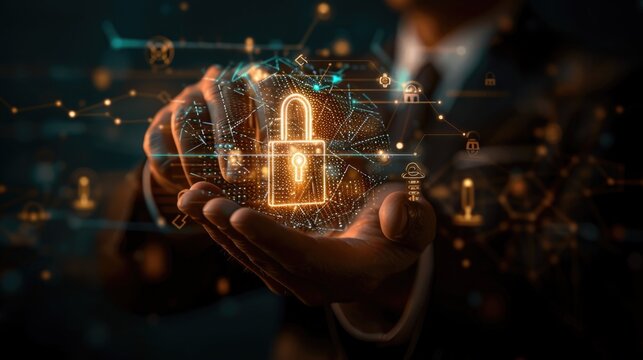 A close-up of a businessman's hand holding a holographic luminous padlock emerges, surrounded by digital encryption symbols, emphasizing the concept of securing sensitive information