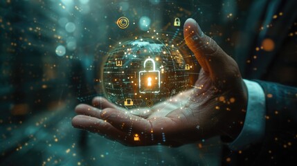 A close-up of a businessman's hand holding a holographic luminous padlock emerges, surrounded by digital encryption symbols, emphasizing the concept of securing sensitive information