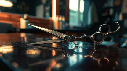 Foto op Aluminium A pair of dangerous hairdressing scissors reflecting light in a stylish barber's studio. 32K. © Sumia