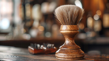 A premium shaving brush crafted from finest badger hair, resting on a polished wooden stand in a high-end barber studio. 32K.