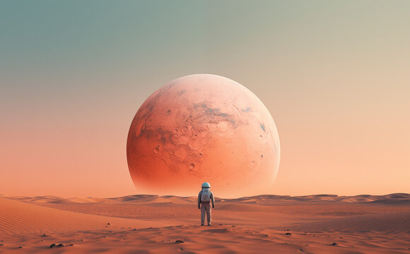 astronaut standing on the surface of the moon, Back view of astronaut with moon in the outer space background. People and Science technology concept