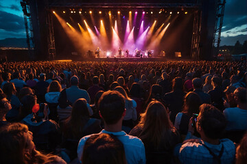 Fototapeta na wymiar Crowd in a concert hall with lights over the scene, people silhouette on a festival, rock, pop music event, performance.
