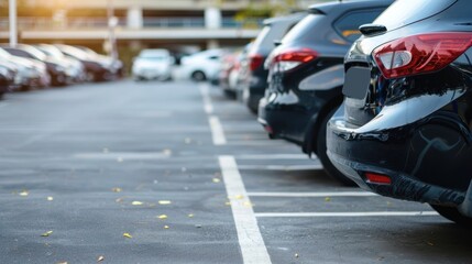 Row of Parked Cars in Outdoor Parking Lot Bathed in Warm Sunlight with Selective Focus