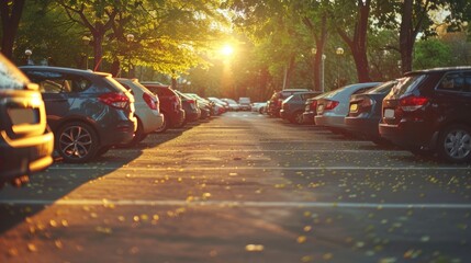 Row of parked cars basking in the warm glow of sunset on an urban street with autumn leaves...