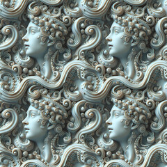 Ancient Statue Head Amidst Abstract Motifs. Seamless Repeatable Background.