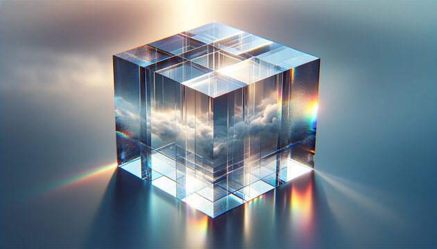 Illuminated crystal cube with clouds and rainbows.
