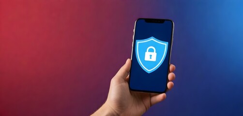 Caucasian hand holding a smartphone displaying a blue shield with a lock icon on the screen, with a red to blue gradient background