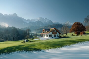 A lonely house in the mountains with snow	
