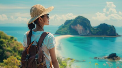 Young beautiful woman with backpack solo travel on tropical island mountain peak in summer sunny day.