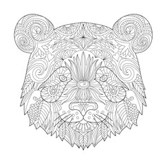 Panda head line art for children or adult coloring book. Vector graphic, coloring page. Hand-drawn with ethnic floral doodle pattern. Zendala, spiritual relaxation. Zen doodles
