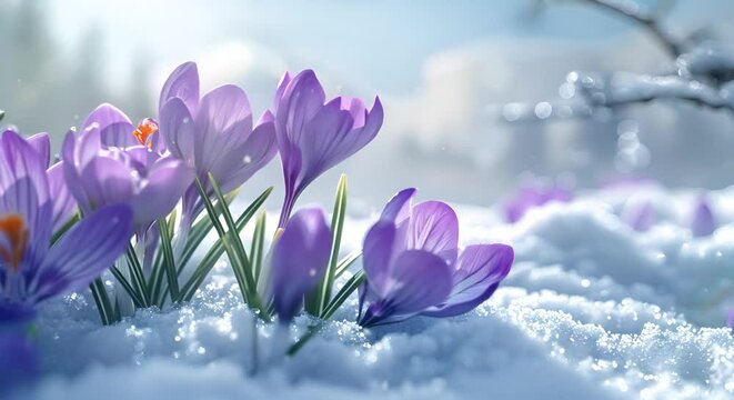 Spring crocus flowers in the snow. Early spring. 3d render looping video