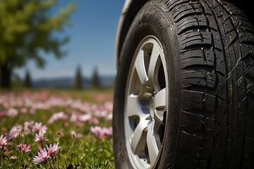 summer tires in the blooming spring in the sun