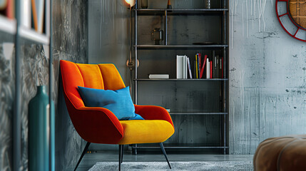Colorful Modern Chair in Industrial Setting. A vibrant orange and yellow modern chair with a blue cushion, set against an industrial bookshelf and concrete wall.