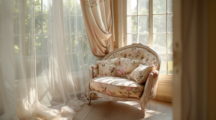 Vintage Floral Loveseat by Sunlit Window. A quaint, floral-patterned loveseat bathes in the soft sunlight filtering through sheer curtains by a bright window, inviting a moment of relaxation - obrazy, fototapety, plakaty