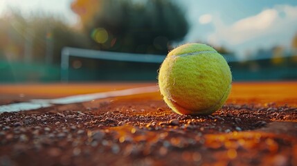 A close-up of a tennis ball, its fluorescent yellow felt texture contrasted against the clay court fading into soft focus, capturing the speed and agility of tennis - Powered by Adobe
