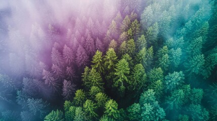 Mystical Forest: Aerial View with Lavender Fog and Mint Green Canopy.