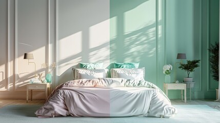 Split Vision of Serene Bedroom with Lavender Bedding and Mint Green Accent Wall.