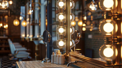 A vintage-inspired barber's mirror, reflecting the warm glow of retro light bulbs and timeless...