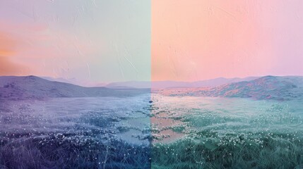 Split-view of day and night with soft lavender dusk and textured mint green dawn