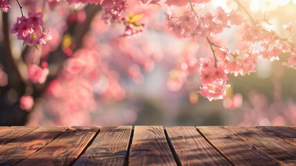 Naklejka na ściany i meble Empty Wooden Table in Pink Cherry Blossoms background