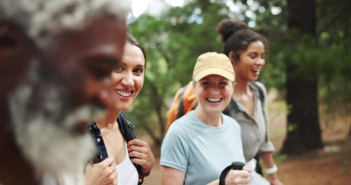 Talking, hiking or friends in nature walking on outdoor adventure or relax on holiday vacation. Survival, explore trail or team of travellers in woods with people for trekking or diversity in USA