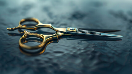 Razor-sharp hairdressing scissors poised on a reflective surface, showcasing their precision engineering. 32K. - Powered by Adobe