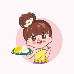 Beautiful Thai woman wearing Thai Traditional dress presenting Kanom Thai dessert Mango and sticky rice with coconut milk and mango. Khao niao mamuang. Chibi cartoon doodle vector design.