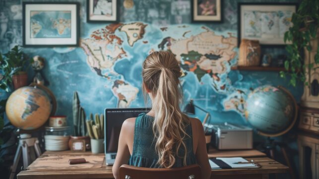 Wanderlust Workspace: Travel-themed Home Office with Map, Travel Photos, and Souvenirs.