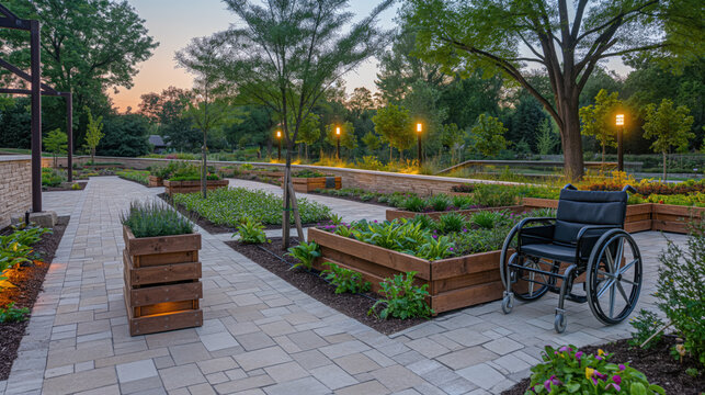 Accessible Garden Pathway at Dusk with Raised Planters and Wheelchair