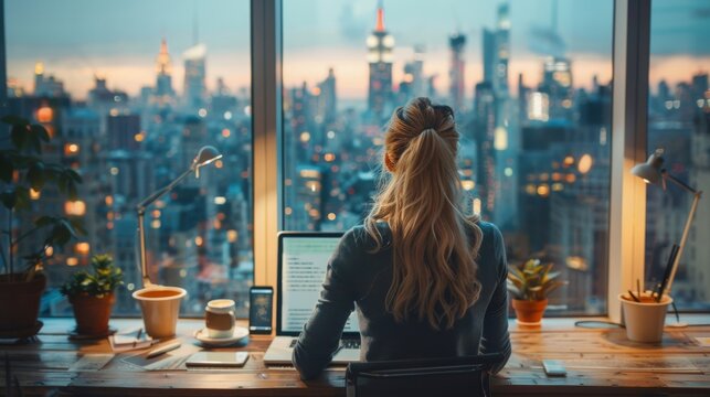 Stylish Woman Working in Trendy Urban Loft Office.