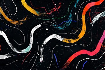 a black painting with lines of different colors in the style of minimalist illustrator squiggly line style letterboxing minimal retouching animated shapes punctuated caricature , 32K HD