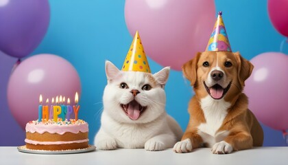 cat and Dog wearing birthday hat smiling with birthday cake on table. Generative Ai