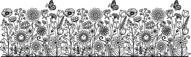 Repeatable hand drawn spring flowers meadow with butterfly. Seamles border pattern. Floral field including poppy, tulips and doodle style flowers. Vector illustration.