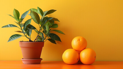A vibrant stock concept featuring a stack of oranges juxtaposed with a small orange tree in a pot, set on a table against a backdrop of a yellow-orange colored wall, embodying fresh