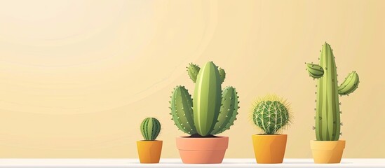A row of potted cactus plants with thorns and spines on a shelf, adding a touch of desert landscape to the room