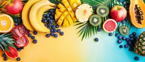 Fototapeta na wymiar pineapples, bananas, kiwis, blueberries