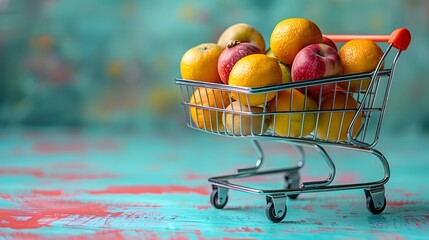 A shopping cart full of fresh fruits isolated on pastel blue banner background