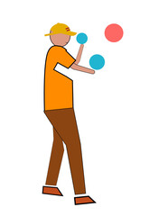 A man in an orange shirt is juggling three balls
