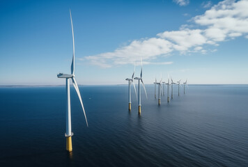 Offshore Windmill farm in the ocean with clouds and a blue sky, energy power production concept