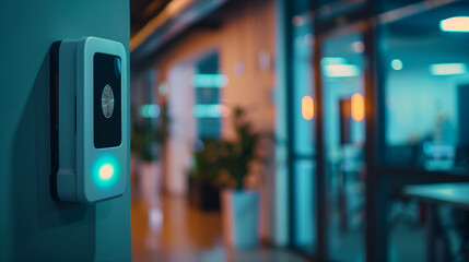 Close-up shot of a fingerprint scan access control system machine mounted on a wall near an office entrance, with a blurred background creating a sense of security and modernity