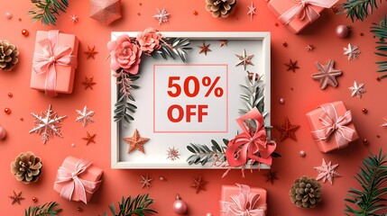 A white frame with "50% OFF" printed isolated on orange banner background