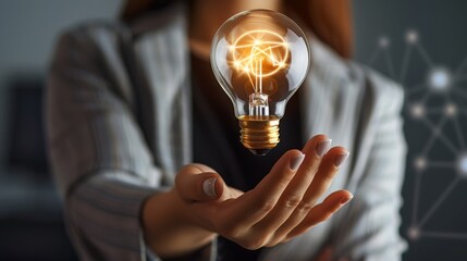business womans hand holding for business innovative light bulb 