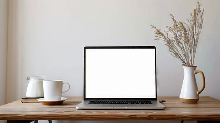 laptop mockup with blank white screen, on desk, plants, coffee cup