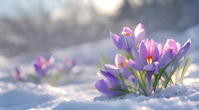 Spring crocus flowers in the snow. Early spring. 3d render looping video