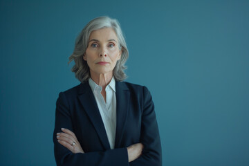 A woman in a suit stands with her arms crossed