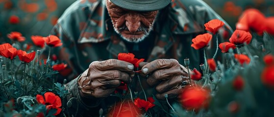 Reflective Veteran Honoring Fallen Comrades with Poppies. Concept Military, Veterans, Remembrance, Poppies, Tribute