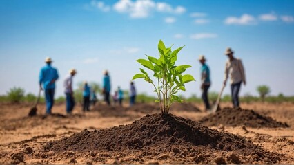 green sapling in arid soil with people planting trees in background, echoing the battle against desertification amidst the clear blue sky - Powered by Adobe