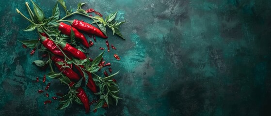   A red pepper cluster sits on a green table alongside green foliage and crushed black peppercorns on a green background - obrazy, fototapety, plakaty